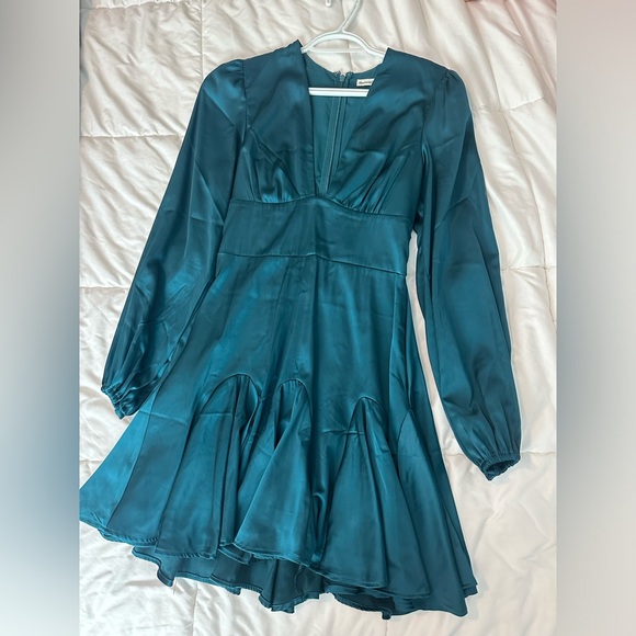 Long Sleeve Plunge Satin Mini Dress - Picture 2 of 4